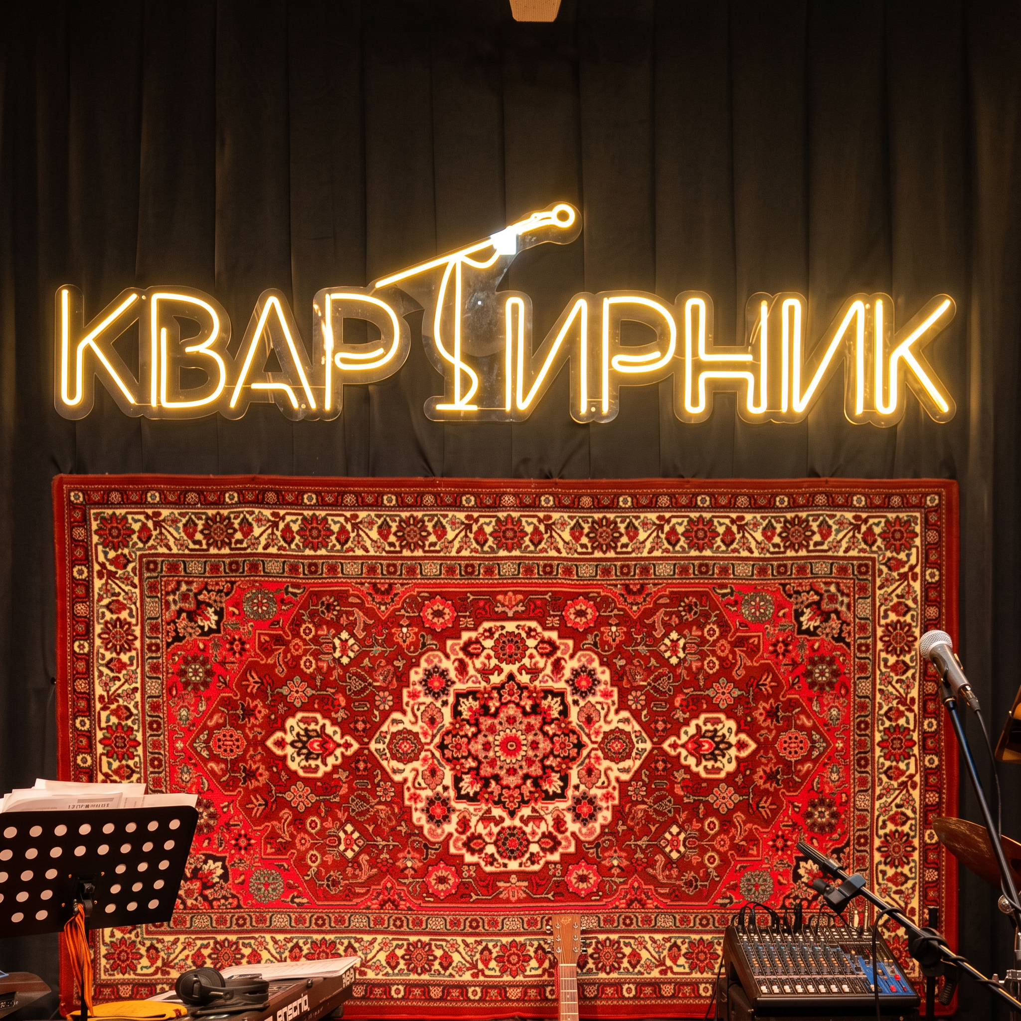 Неоновая вывеска Квартирничек над персидским ковром